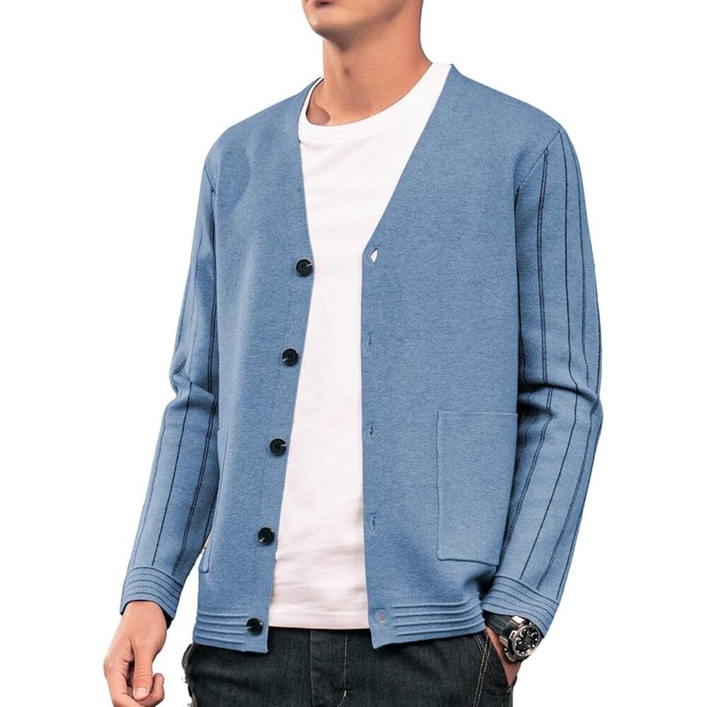 Men’s V Neck Cardigan Sweater Blue Button Knit Casual Lightweight Size L